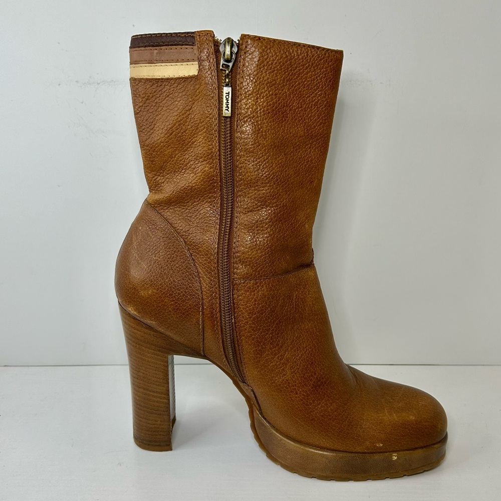 Vintage Tommy Hilfiger 90’s Platform Heel Tan Brown Leather Boots Size 9 - Picture 3 of 16